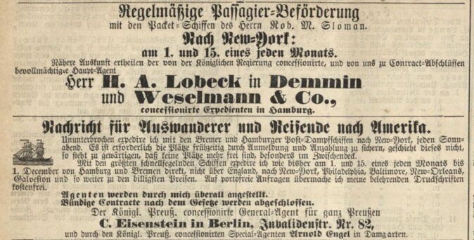 Werbung für Schiffspassagen in die USA aus der „Stralsundischen Zeitung“ vom 6. September 1867